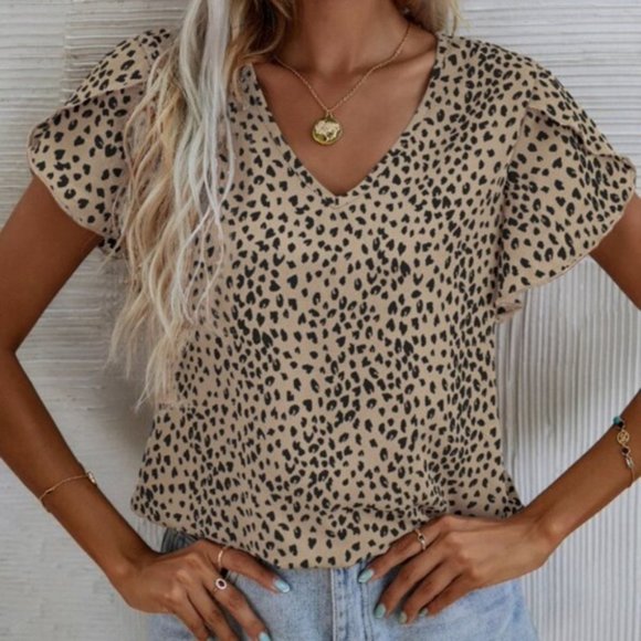 Tops - Leopard Print Butterfly Sleeve Blouse